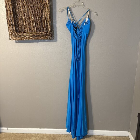 Faviana 8 Long Formal Prom Corset Gown Low Back Train 10826 Sea Blue NEW $328 - Picture 6 of 10